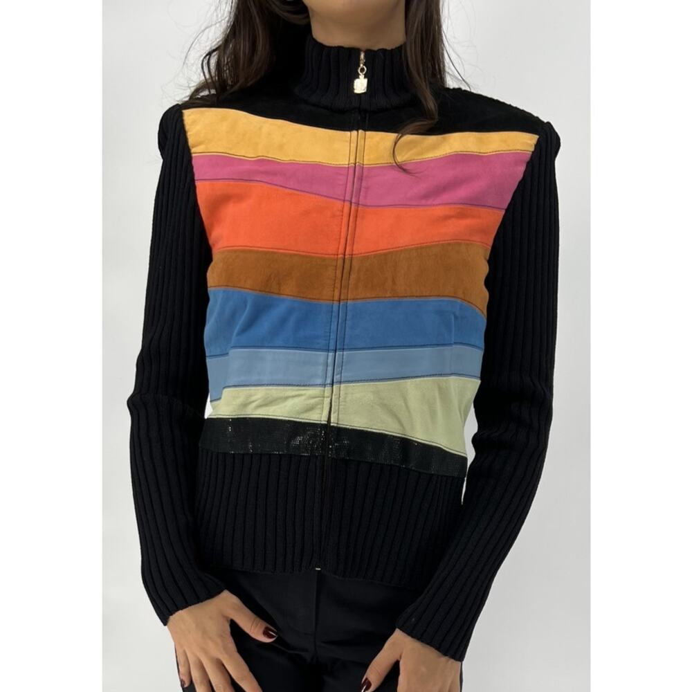 St. John Wool Knit & Lamb Suede Leather Jacket Full Zip